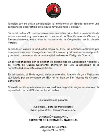 Comunicado de ELN sobre muerte