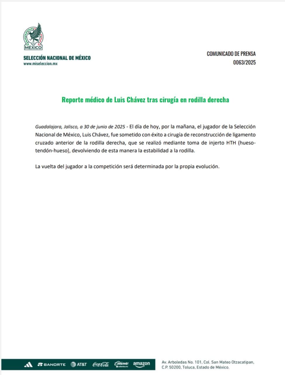 Comunicado de la operación de Luis Chávez (FMF)