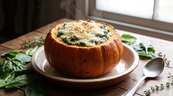 Un zapallo cabutia horneado relleno de espinaca, queso derretido y pan rallado, emitiendo vapor, sobre un plato en una mesa de madera con espinacas frescas y una cuchara.