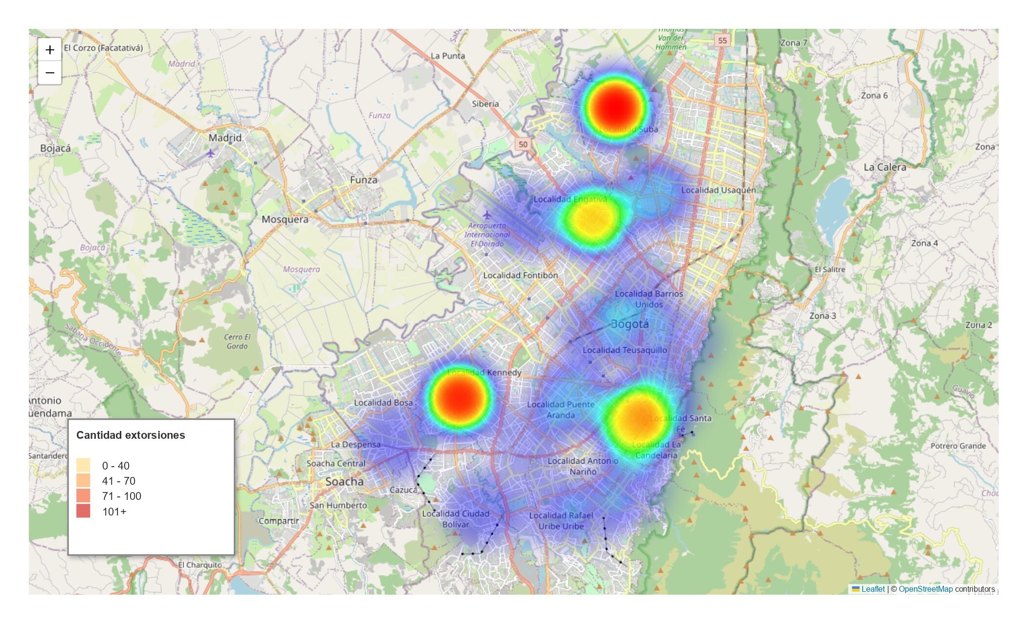 Este es el mapa de calor de los sectores más golpeados por extorsiones en Bogotá, en el 2025 - crédito suministrado a Infobae