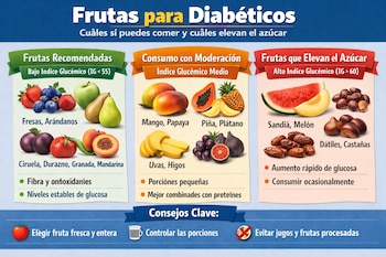 Infografía con tres secciones de frutas: recomendadas, para consumo moderado y las que elevan el azúcar, incluyendo ejemplos visuales de cada tipo.