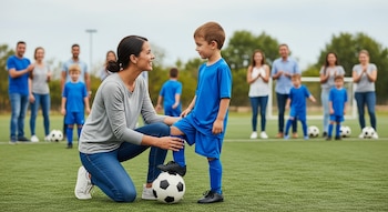 Una mujer se arrodilla en un campo de fútbol verde junto a un niño en uniforme azul con un balón. Varias personas, adultos y niños, están de pie en el fondo borroso.