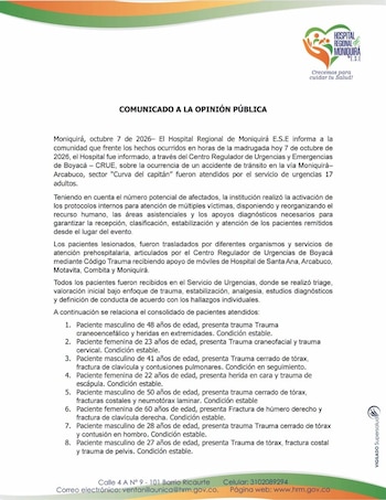 El Hospital Regional de Moniquirá activó protocolos para la atención de múltiples víctimas tras un accidente de tránsito ocurrido durante la madrugada del 7 de octubre de 2026 en la vía Moniquirá-Arcabuco, en el sector Curva del Capitán, y recibió a 17 adultos en su servicio de urgencias - crédito Hospital Regional Moniquira