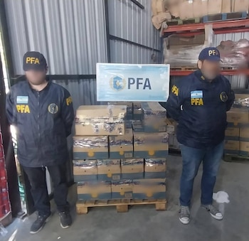 Dos oficiales de la PFA con uniforme posan junto a un pallet cargado con cajas de cartón y un cartel de la PFA, dentro del almacén decomisado en Los Cardales