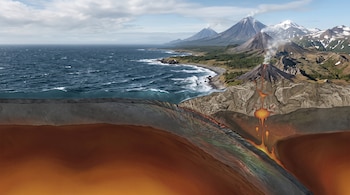 Corte transversal de la Tierra que expone una placa oceánica hundiéndose bajo una placa continental con volcanes y magma.