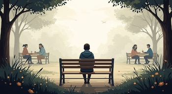 Persona adulta sentada sola en un banco de parque, con grupos conversando en otros bancos al fondo rodeados de árboles.