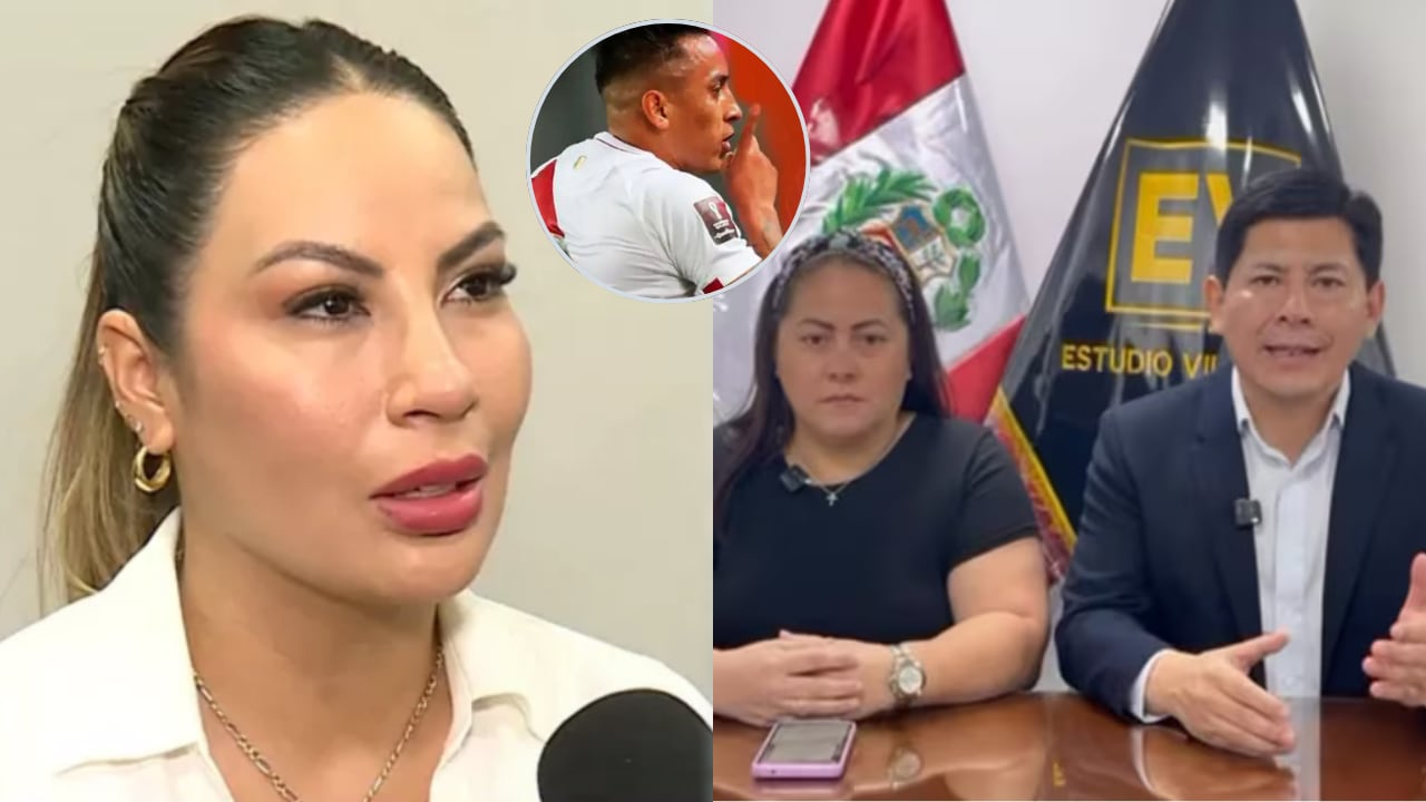 Pamela López, exesposa del futbolista Christian Cueva, acusa públicamente al deportista de orquestar una denuncia con el objetivo de quitarle a sus hijos, mientras se muestra una imagen del futbolista y sus abogados (Composición Infobae) (Imagen Ilustrativa Infobae)