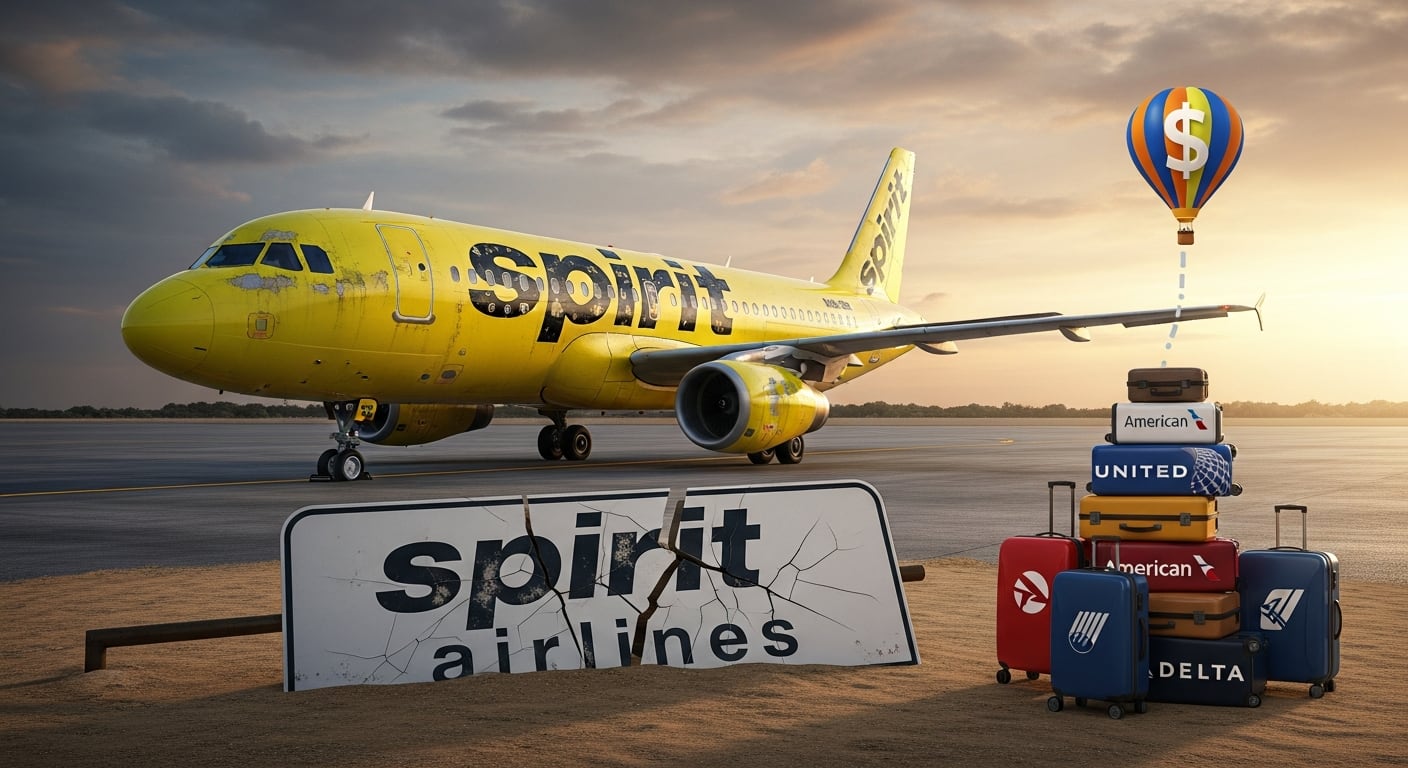 La imagen ilustra la quiebra de Spirit Airlines, conectora clave entre México y EE.UU., mostrando un avión deteriorado, un cartel roto y equipaje de aerolíneas alternativas ante el alza del combustible. (Imagen Ilustrativa Infobae)