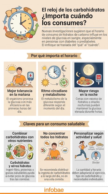 Infografía explicativa con un reloj, dibujos de alimentos e ilustraciones sobre el metabolismo de la glucosa y la ingesta de carbohidratos.