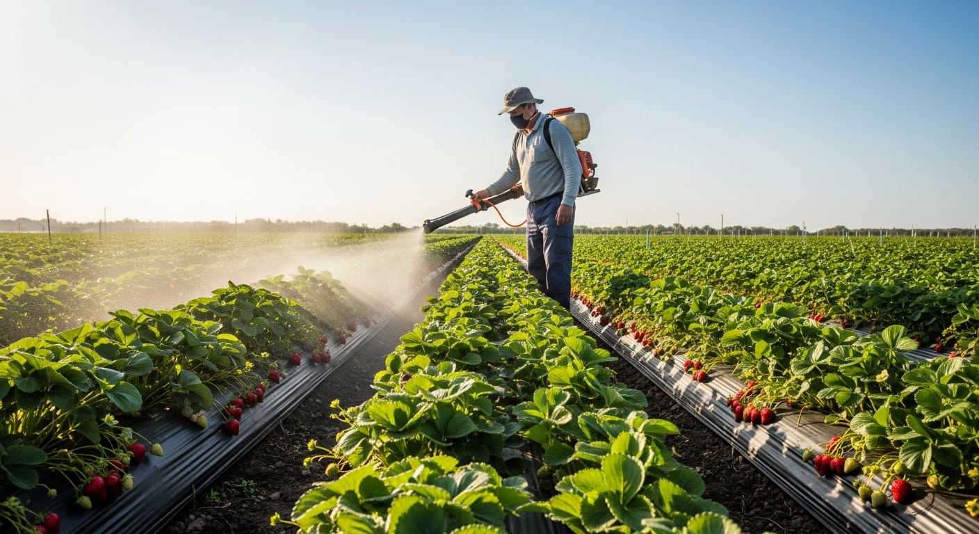 Un agricultor aplica pesticidas a plantaciones de fresas (Imagen Ilustrativa Infobae)
