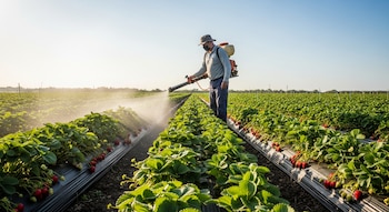 Un agricultor con sombrero y mascarilla rocía pesticidas sobre largas hileras de plantas de fresa con frutos rojos en un campo, bajo un cielo claro.