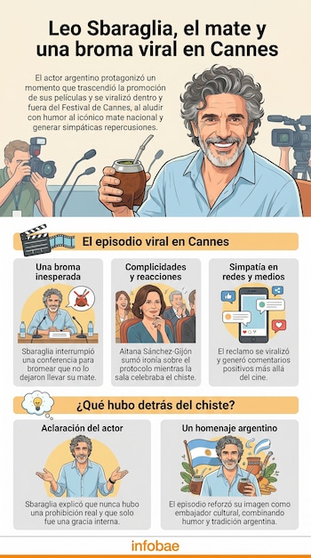 Infografía ilustrada sobre Leo Sbaraglia, su mate y el chiste viral en Cannes, mostrando al actor junto a cámaras, micrófonos y secciones con detalles del incidente.