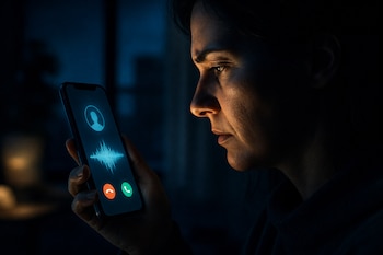 Perfil de una persona en la penumbra observando la pantalla iluminada de un teléfono inteligente con una interfaz de llamada entrante.