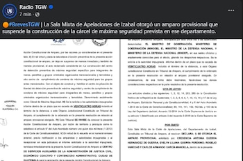 Fragmento de la resolución judicial que ordena la suspensión inmediata y provisional de la construcción del centro de detención de máxima seguridad “El Triunfo” en Izabal (Radio TGW).