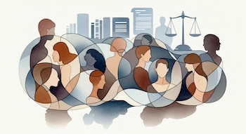Ilustración en acuarela con perfiles de personas de tonos diversos entrelazados por líneas curvas, y al fondo, siluetas de documentos, libros y balanza de justicia.