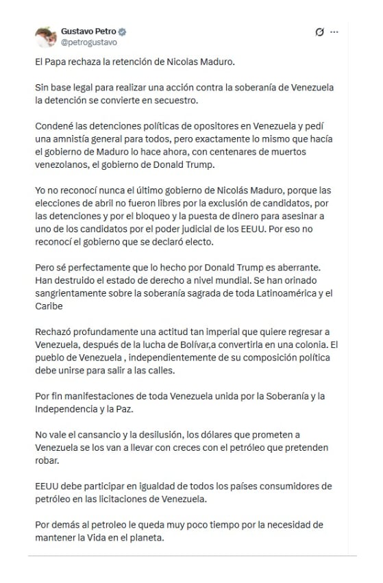 Con este mensaje en X, el presidente Gustavo Petro rechazó la captura del dictador venezolano Nicolás Maduro; lo que causó controversia - crédito @petrogustavo/X