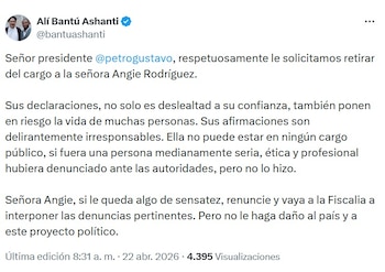 Alí Bantú Ashanti defiende al Gobierno luego de acusaciones de angie Rodríguez - crédito @bantuashanti/X