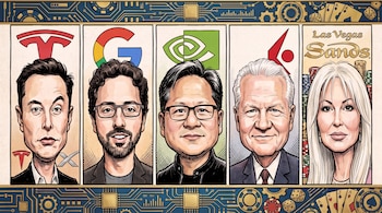 Cinco retratos de líderes empresariales y tecnológicos. Logotipos de Tesla, Google, Nvidia y Las Vegas Sands. Diseño con elementos de casino.