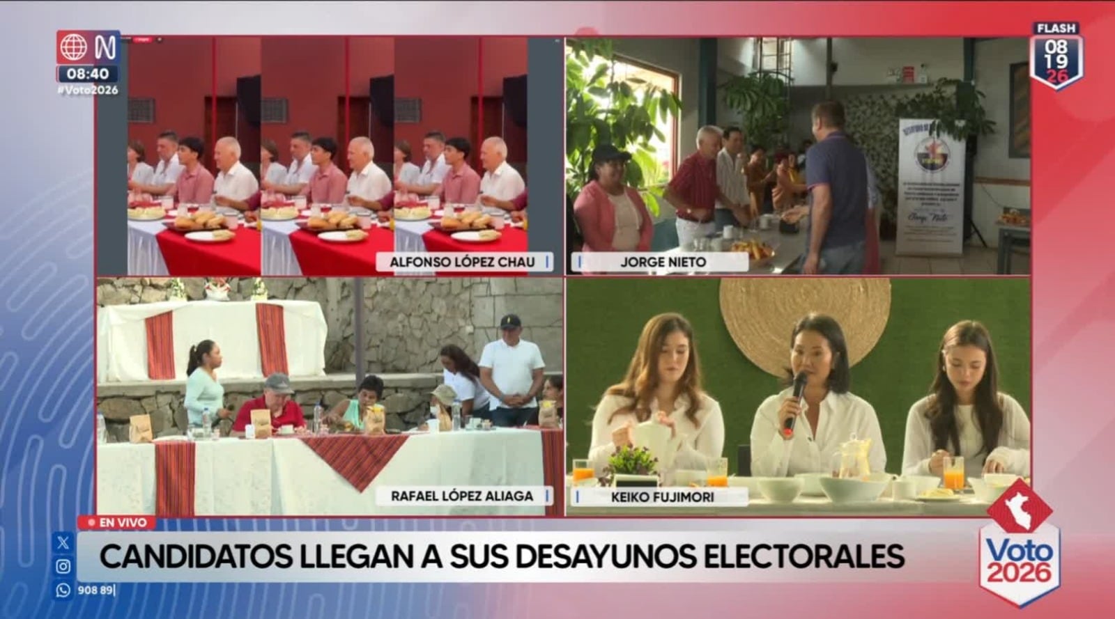 Candidatos en sus desayunos electorales. América TV