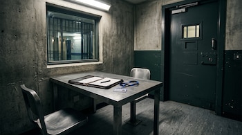 Una sala con paredes de hormigón, una mesa de metal con una carpeta abierta y una credencial, dos sillas y una puerta metálica verde.