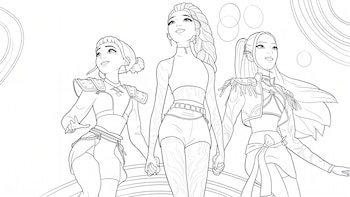 Dibujo en blanco y negro de tres personajes femeninos tomados de la mano, vestidos con trajes de estilo pop y cabello peinado