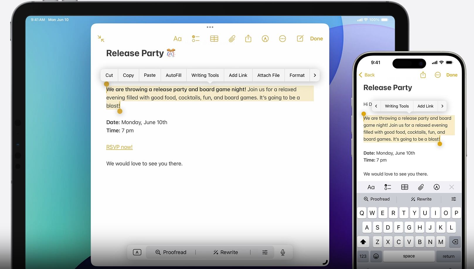 Los usuarios solo deben seleccionar el texto para empezar a interactuar con el menú de opciones de Writing Tools. (Apple)