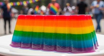 Gelatina de capas con colores de arcoíris sobre plato blanco. Fondo borroso muestra personas y guirnalda de colores.