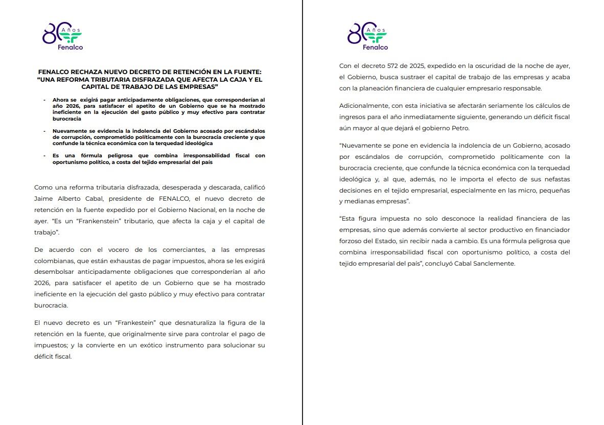 Fenalco advierte que la nueva política tributaria podría debilitar económicamente a las micro, pequeñas y medianas empresas - crédito Fenalco