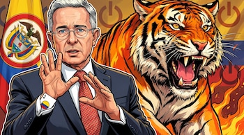 Ilustración de Álvaro Uribe Vélez en traje y corbata, con un as de cartas saliendo de su manga, frente a la bandera de Colombia y un tigre naranja rugiendo.