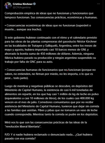 Cristina Kirchner cuestionó ayer al