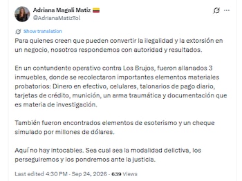 La estructura es investigada por posibles fraudes transnacionales a través de ofertas de prácticas espirituales y gestiones migratorias dirigidas, principalmente, a personas en Estados Unidos - crédito @AdrianaMatizTol/X