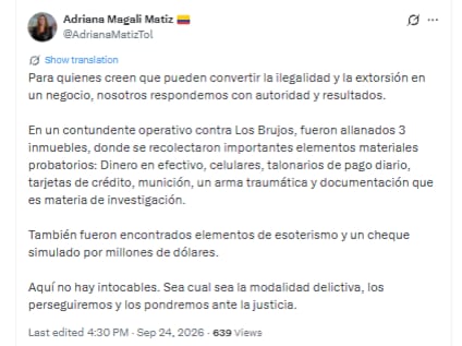 La estructura es investigada por posibles fraudes transnacionales a través de ofertas de prácticas espirituales y gestiones migratorias dirigidas, principalmente, a personas en Estados Unidos - crédito @AdrianaMatizTol/X
