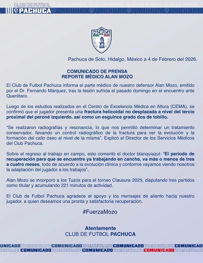 Pachuca confirmó la fractura de Alan Mozo y se perderá el resto del Clausura 2026 ((X/ @Tuzos))