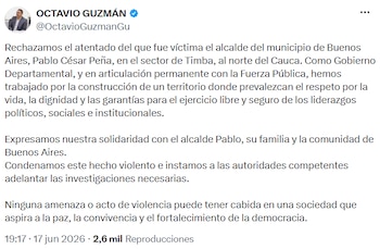 O Governo do Departamento de Cauca negou o ataque e exigiu garantias para a proteção dos líderes políticos e sociais da região. - crédito @OctavioGuzmanGu/X