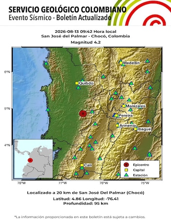 El Servicio Geológico Colombiano confirmó el tercer movimiento telúrico en Chocó durante la mañana del miércoles 13 de agosto de 2026 - crédito @sgcol/X