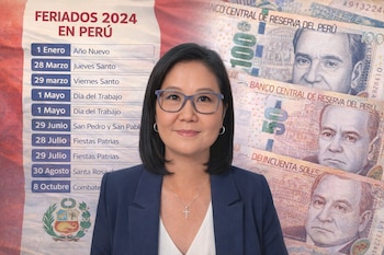 Keiko Fujimori con gafas azules, sobre un fondo que muestra el calendario de feriados de Perú de 2024 y billetes de 100 y 50 soles peruanos.