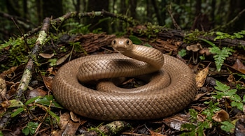 Una serpiente marrón enroscada con la cabeza erguida sobre un suelo de hojas secas, musgo, ramas y pequeñas plantas verdes.
