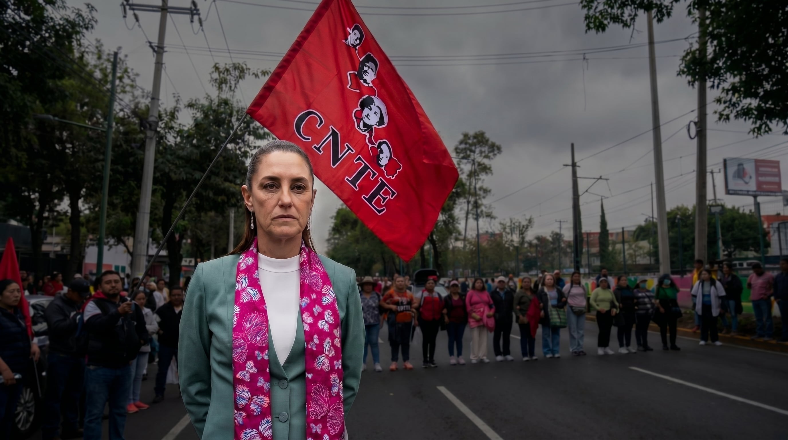 Claudia Sheinbaum Pardo, candidata presidencial, aparece de pie y al frente de un grupo de personas, con una bandera roja de la CNTE en segundo plano durante un evento público. (Imagen Ilustrativa Infobae)
