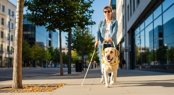 Mujer con gafas de sol y bastón blanco camina por una acera urbana junto a un perro labrador beige con arnés amarillo. Hay edificios y árboles al fondo con luz diurna.