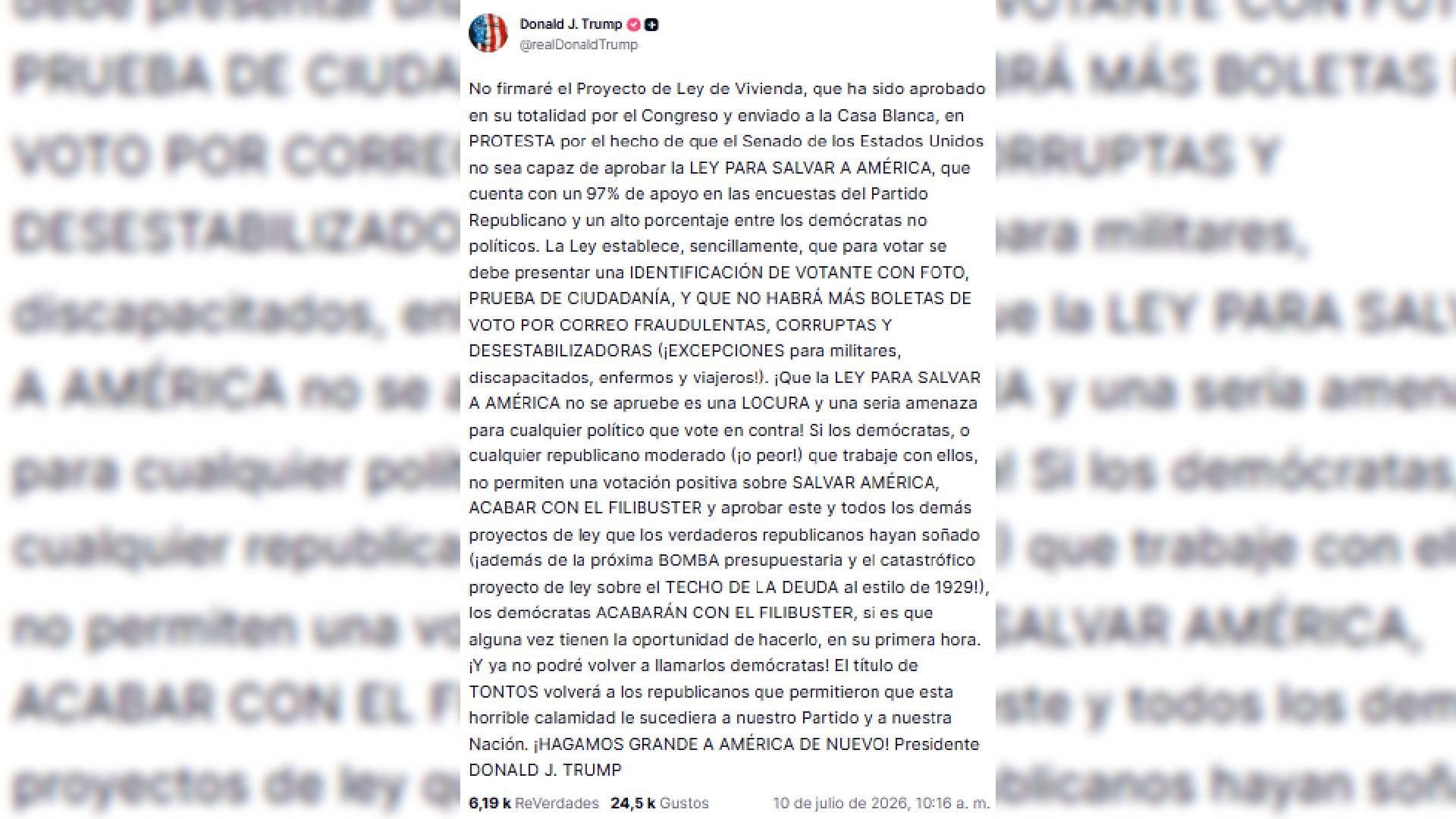 Trump retuvo su firma como protesta para presionar al Senado por la aprobación de la Ley SAVE America (Truth Social )