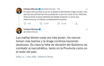 Hilo de Cristian Ritondo sobre política de drogas