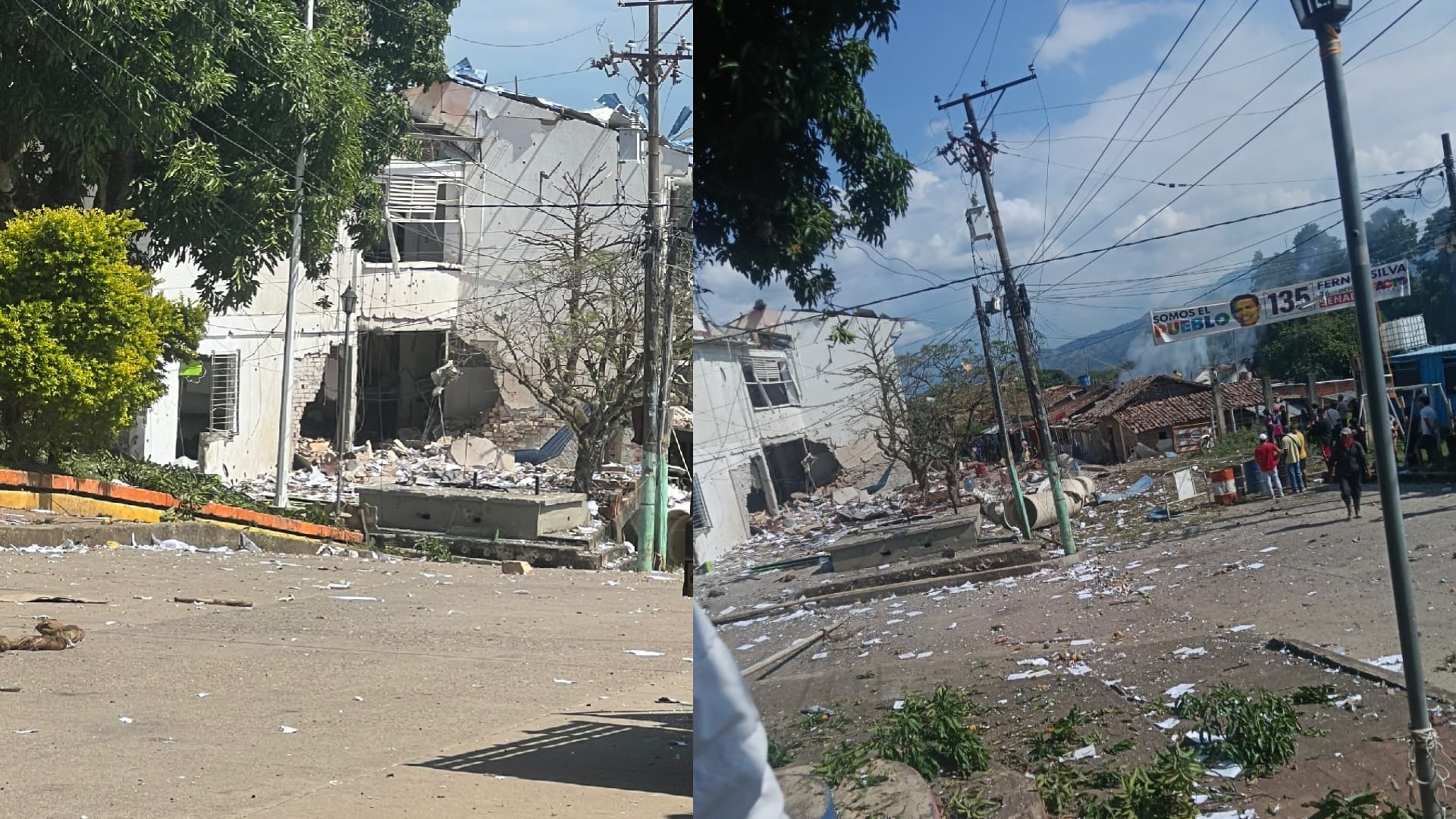 Así quedó el Banco Agrario tras el ataque terrorista de las disidencias de las Farc en Buenos Aires, Cauca - crédito Fotomontaje Infobae (Marlon Andrés/Facebook)