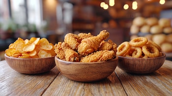 Tres cuencos de madera sobre una mesa de madera contienen patatas fritas, pollo frito y aros de cebolla en el interior de un local.