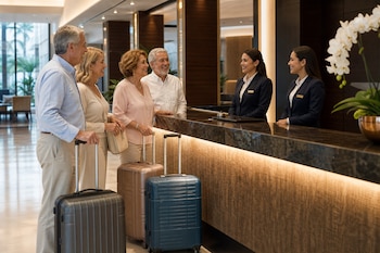 Cuatro adultos mayores con maletas conversan con dos recepcionistas en el mostrador de un hotel.