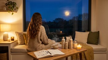 Mujer de espaldas con cabello largo sentada frente a una ventana grande por la noche, mirando una luna llena brillante. En la mesa, productos capilares y una agenda abierta con calendario lunar.