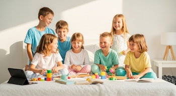 Seis niños y niñas sentados y de pie sobre una cama blanca, rodeados de juguetes, libros abiertos y una tableta apagada.
