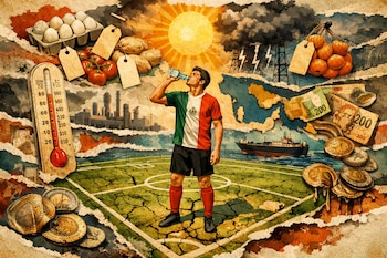 Un jugador de fútbol con camiseta de México en un campo agrietado. Sol, nubes, termómetro, huevos, tomates, papas, naranjas, billetes y monedas mexicanos, fábricas, barco, mapa.