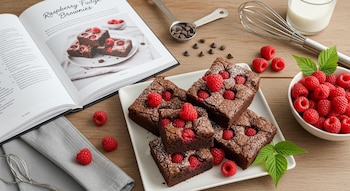 Cuadrados de brownie con frambuesas y azúcar glas en plato blanco. Hay un libro de recetas, frambuesas frescas, chispas de chocolate, un batidor y leche.