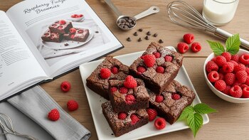 Brownie casero decorado con frambuesas
