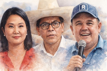 Acuarela: Keiko Fujimori sonriente, Roberto Sánchez con sombrero y Rafael López Aliaga con gorra "R" y micrófono, todos en primer plano.